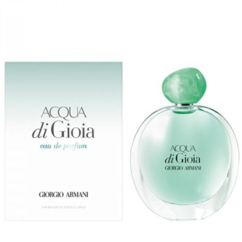 Acqua di Gioia eau de parfum bottle with green cap next to white box packaging by Giorgio Armani