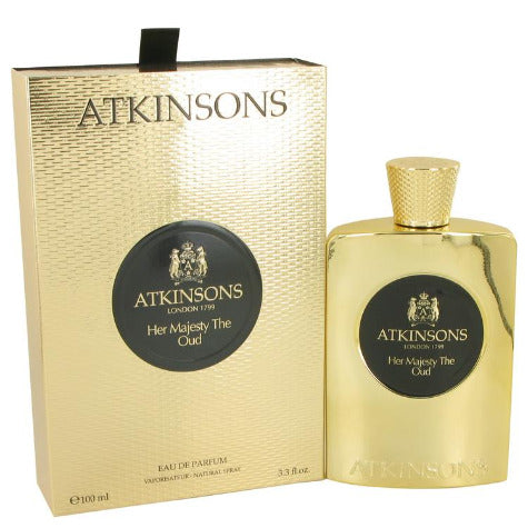 Atkinsons Her Majesty The Oud box and 100ml bottle with gold liquid and black label