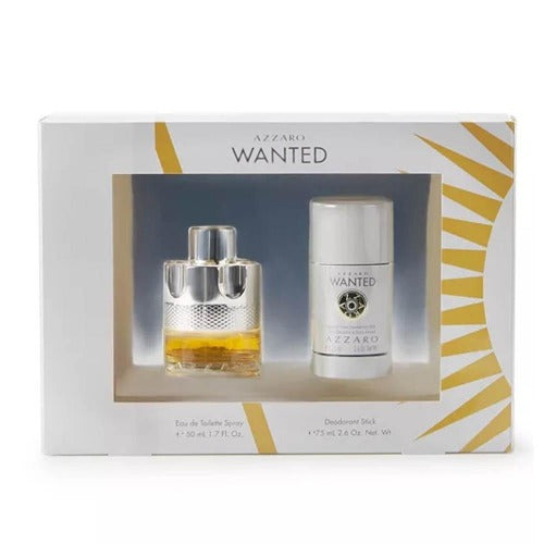 Azzaro Wanted 2-piece gift set with cologne bottle and white deodorant stick in retail box.
