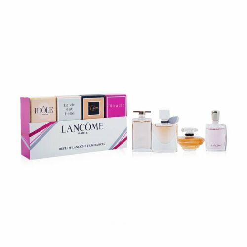 Lancome 4 Piece Mini Gift Set with Idole La Vie Est Belle Tresor and Miracle mini bottles with packaging box front view