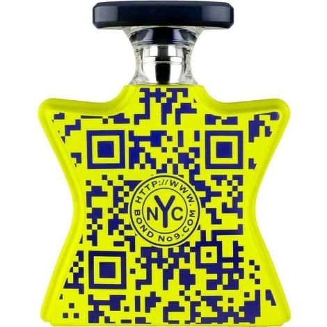 Bond No. 9 eau de parfum bottle with neon yellow label and navy QR code pattern