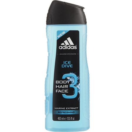 Adidas Ice Dive 3 blue shower gel bottle with black cap, 411ml size
