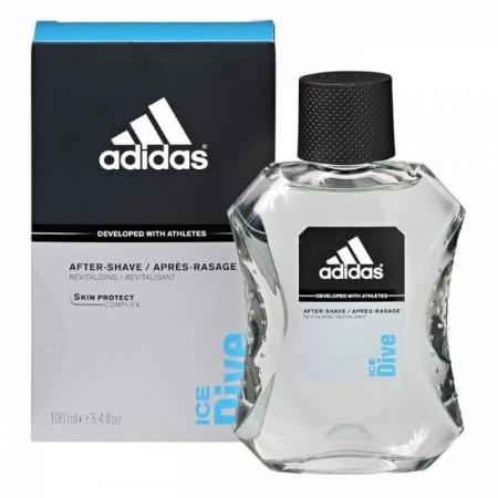 Adidas Ice Dive aftershave bottle with box, clear glass with black label and blue text