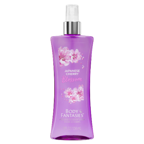 Body Fantasies Japanese Cherry purple spray bottle with floral label and silver pump top