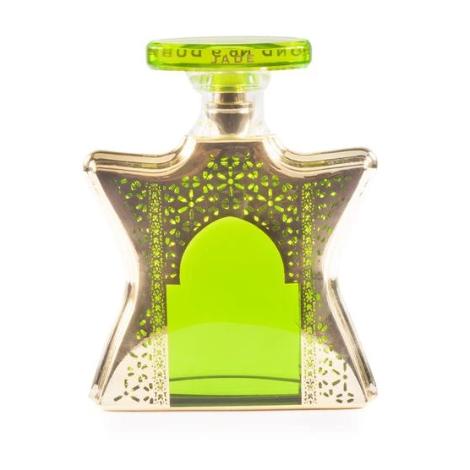 Bond No. 9 Dubai Jade eau de parfum bottle with lime green liquid and ornate gold filigree design