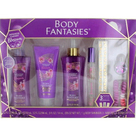 Body Fantasies Japanese Cherry purple 7-piece gift set with body spray, lotion, and accessories
