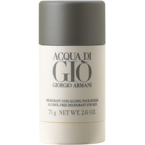 Acqua Di Gio alcohol-free deodorant stick in cream and gray cylindrical packaging, 75g net weight