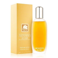 Aromatics Elixir perfume bottle with gold box packaging and silver cap.