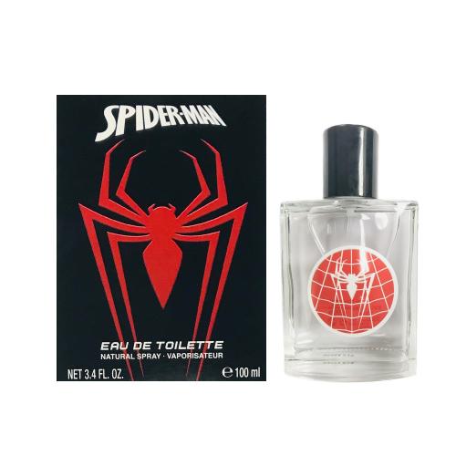 Spiderman Black Eau de Toilette clear glass bottle with red spider logo and black packaging box front view