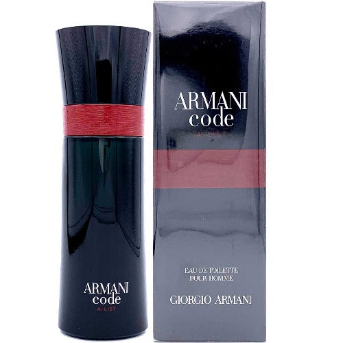 Armani Code A-List eau de toilette bottle with red band next to gray box packaging