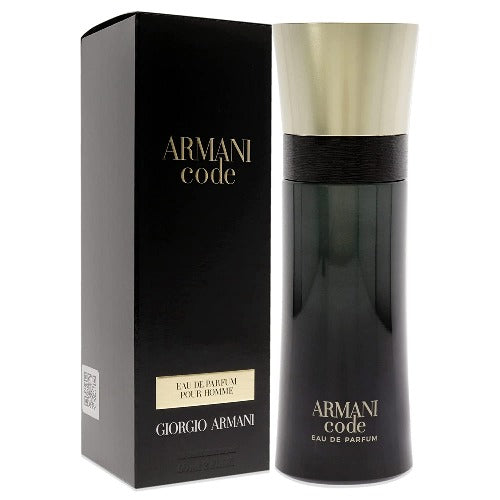 Armani Code Eau De Parfum bottle with black box packaging and cream-colored cap with black band detail.