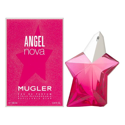 Angel Nova by Mugler eau de parfum bottle in pink with matching box