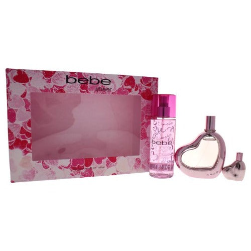 Bebe Sheer 3 piece fragrance gift set with pink floral box, spray bottle, heart-shaped bottle, and mini atomizer.