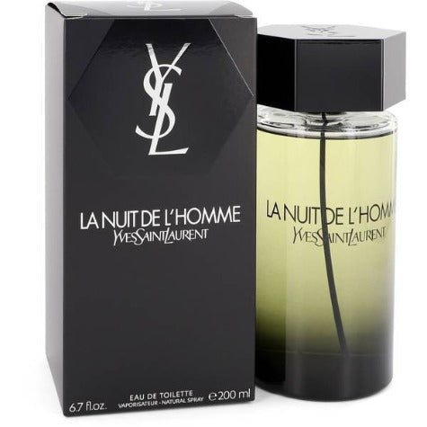 Yves Saint Laurent La Nuit De L'Homme Eau de Toilette 6.7 oz smoky grey bottle with dark packaging box front view