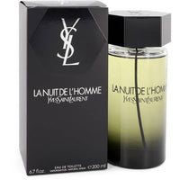 Yves Saint Laurent La Nuit De L'Homme Eau de Toilette 6.7 oz smoky grey bottle with dark packaging box front view