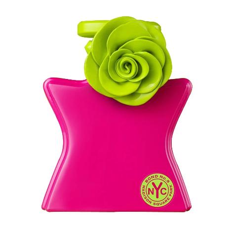 Bond No. 9 Madison Square Park fragrance bottle in hot pink with lime green rose stopper
