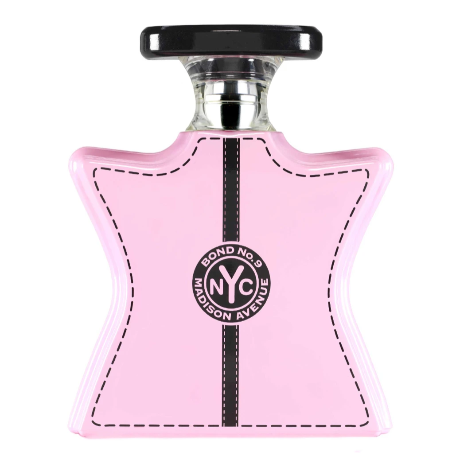 Bond No. 9 Madison Avenue perfume bottle in pink with black cap and striped detail band