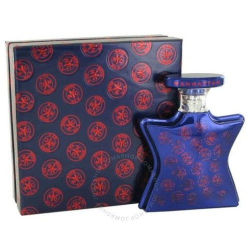 Bond No. 9 Manhattan blue parfum bottle with red circular logo pattern box
