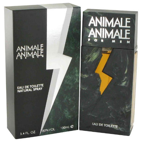 Two black Animale fragrance boxes with white and yellow accent details, 3.4 fl oz and 100ml sizes displayed side by side.