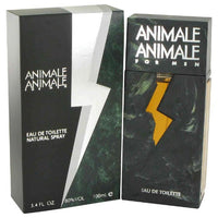 Two black Animale fragrance boxes with white and yellow accent details, 3.4 fl oz and 100ml sizes displayed side by side.