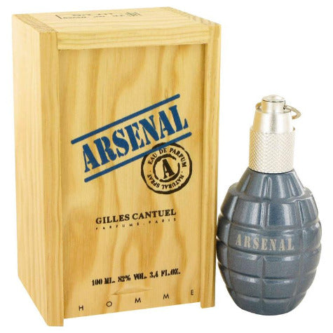 Arsenal fragrance bottle in gray grenade shape with wooden gift box packaging