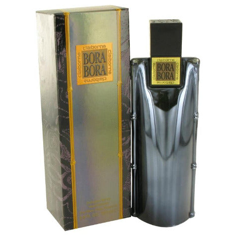 Bora Bora cologne bottle with gold-labeled box and silver cylindrical packaging