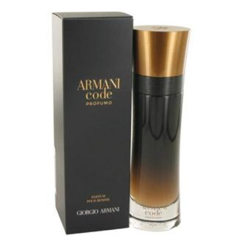 Armani Code Profumo bottle with gold cap and black box packaging displayed together