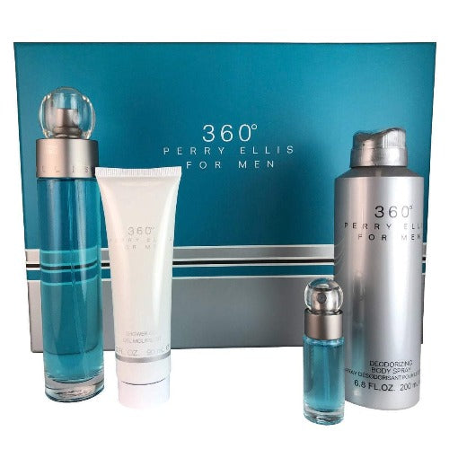 360 Men 4 Piece Gift Set with cologne bottle, spray, lotion tube, and small vial on teal backdrop