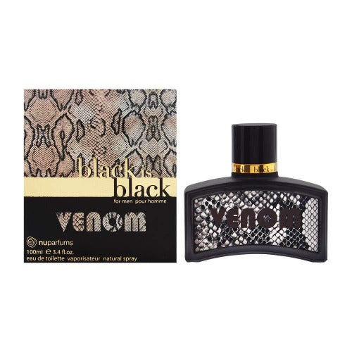 Black Is Black Venom eau de toilette bottle with snakeskin patterned box