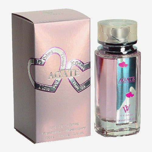 Agate Eau De Parfum bottle with pink box, featuring heart-shaped emblem design and green cap.