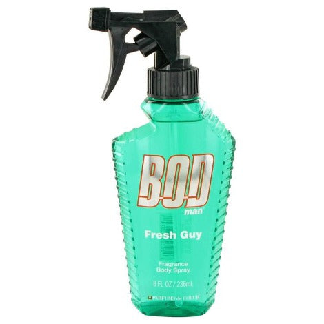 Bod Man Fresh Guy body spray bottle in turquoise with black trigger spray top.