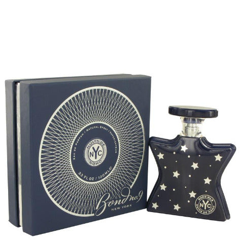 Bond No. 9 Nuits De Noho perfume bottle with black star pattern next to navy box with circular logo design