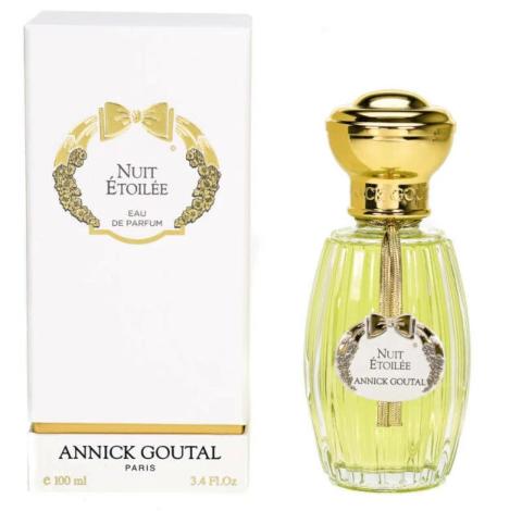 Annick Goutal Nuit Etoilee perfume bottle and white box with gold accents