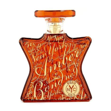 Bond No. 9 Amber perfume bottle with ornate orange label and stopper