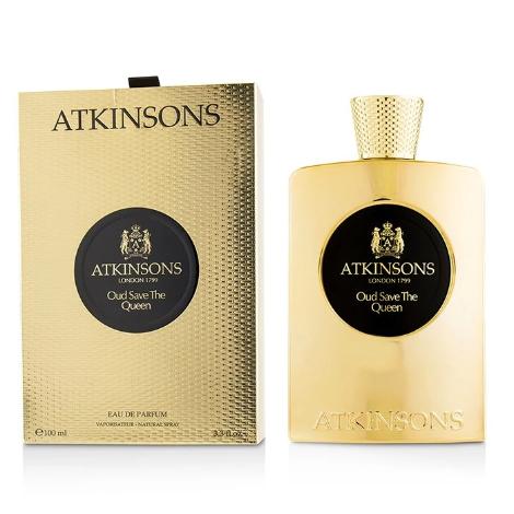 Atkinsons Oud Save The Queen fragrance bottle with gold box packaging