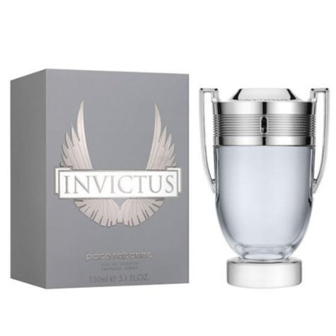 Paco Rabanne Invictus Eau de Toilette 3.4 oz trophy shaped glass bottle and packaging box front view