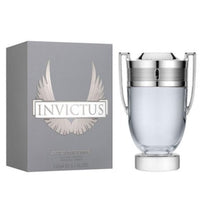 Paco Rabanne Invictus Eau de Toilette 3.4 oz trophy shaped glass bottle and packaging box front view