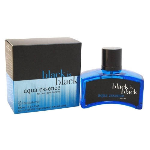 Black Is Black Aqua Essence eau de toilette bottle and box set, blue glass bottle with black cap next to packaging.