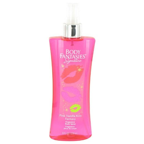 Body Fantasies Pink Vanilla Kiss body spray bottle with silver atomizer on white background
