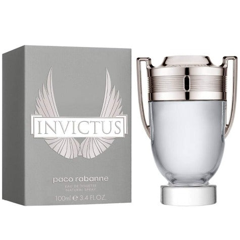 Paco Rabanne Invictus Eau de Toilette 3.4 oz trophy shaped glass bottle and packaging box front view