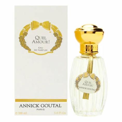 Annick Goutal Quel Amour perfume bottle and box with gold bow design, 100ml size shown.
