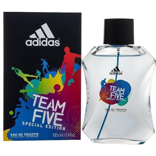 Adidas Team Five Special Edition eau de toilette bottle with colorful box featuring athlete silhouettes