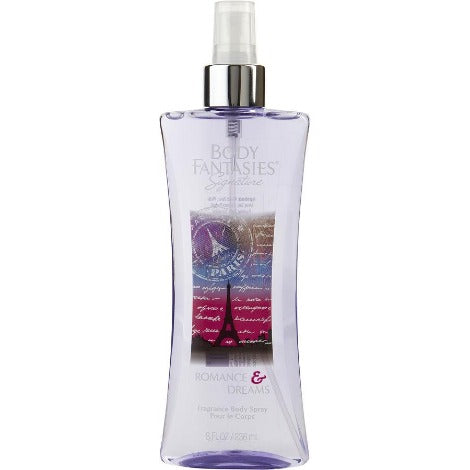 Body Fantasies Romance & Dreams spray bottle with purple liquid and spray nozzle