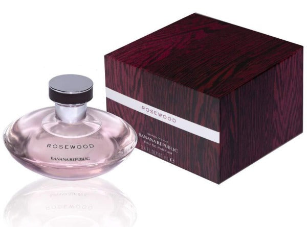 Rosewood fragrance bottle with dark burgundy wood-grain box packaging