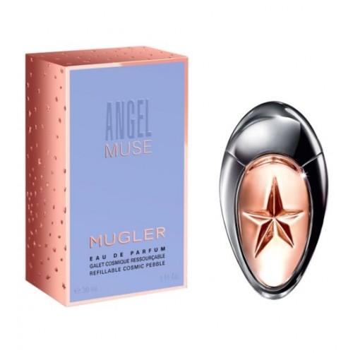 Angel Muse Eau De Parfum bottle with pink star design next to blue and coral packaging box