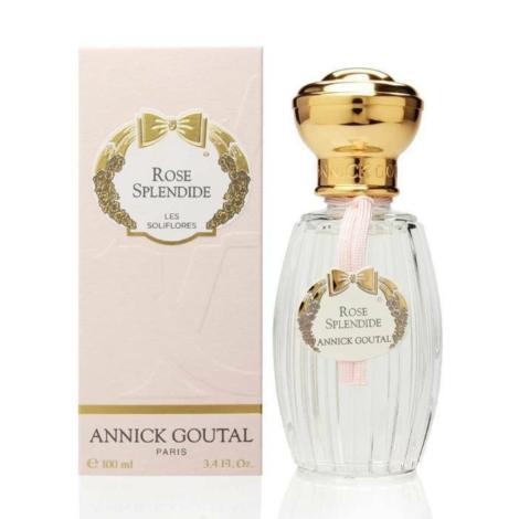 Annick Goutal Rose Splendide eau de toilette bottle with gold cap next to beige box packaging
