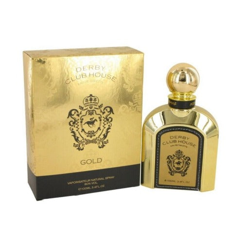 Armaf Derby Club House Gold perfume bottle and gold box with black base and crest logo