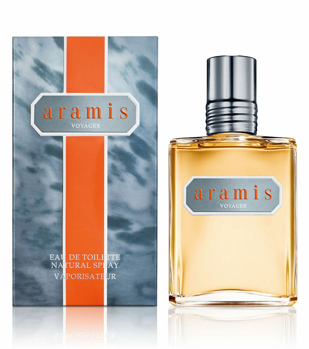Aramis Voyager cologne box and bottle with orange stripe and metallic cap