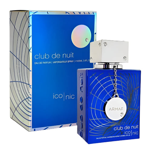 Armaf Club De Nuit Iconic perfume bottle in blue with packaging box and charm accessory