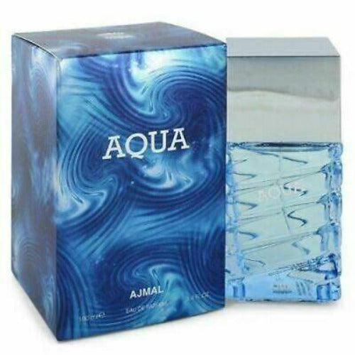 Ajmal Aqua eau de parfum bottle with blue swirl design box and clear glass container.